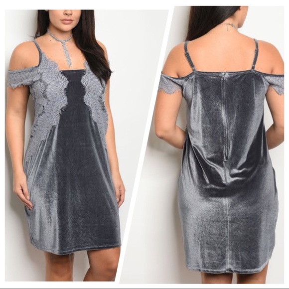 •5🌟NEW•XL-1X•UNIQUE•Gorgeous Gray Velvet Lace Dress•NWT• - Picture 1 of 13